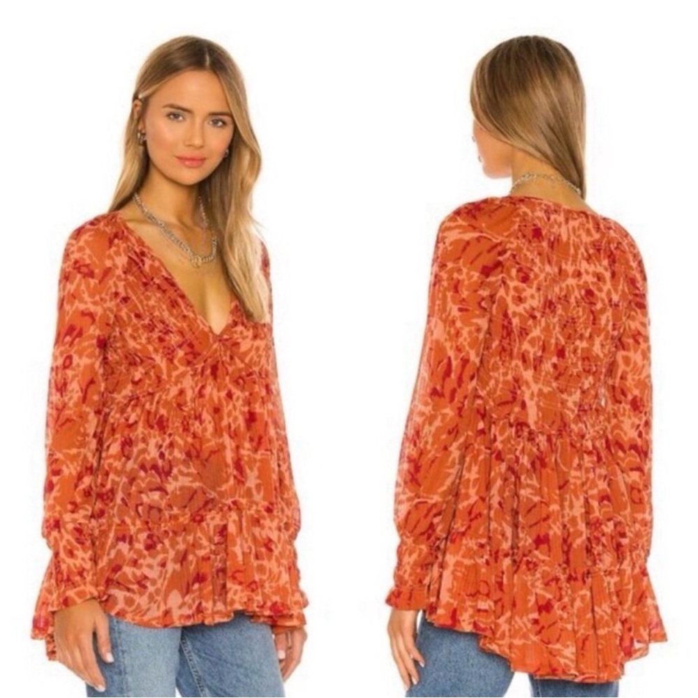 Free People Dark Romance Tunic Top in “Merlot” Size M Boho Retro V Neck Floral